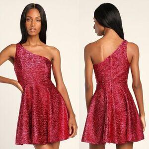 Lulu's Women One Shoulder Mini Skater Dress Preppy Fairy Babydoll